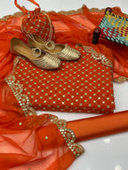 Fancy 5-Piece Crinkle Embroidered Suit – 9mm Sequin Work Shirt, Kataan Silk Shalwar, Shafon Cutwork Dupatta, Matching Khussa & Bag