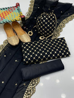 Fancy 5-Piece Crinkle Embroidered Suit – 9mm Sequin Work Shirt, Kataan Silk Shalwar, Shafon Cutwork Dupatta, Matching Khussa & Bag