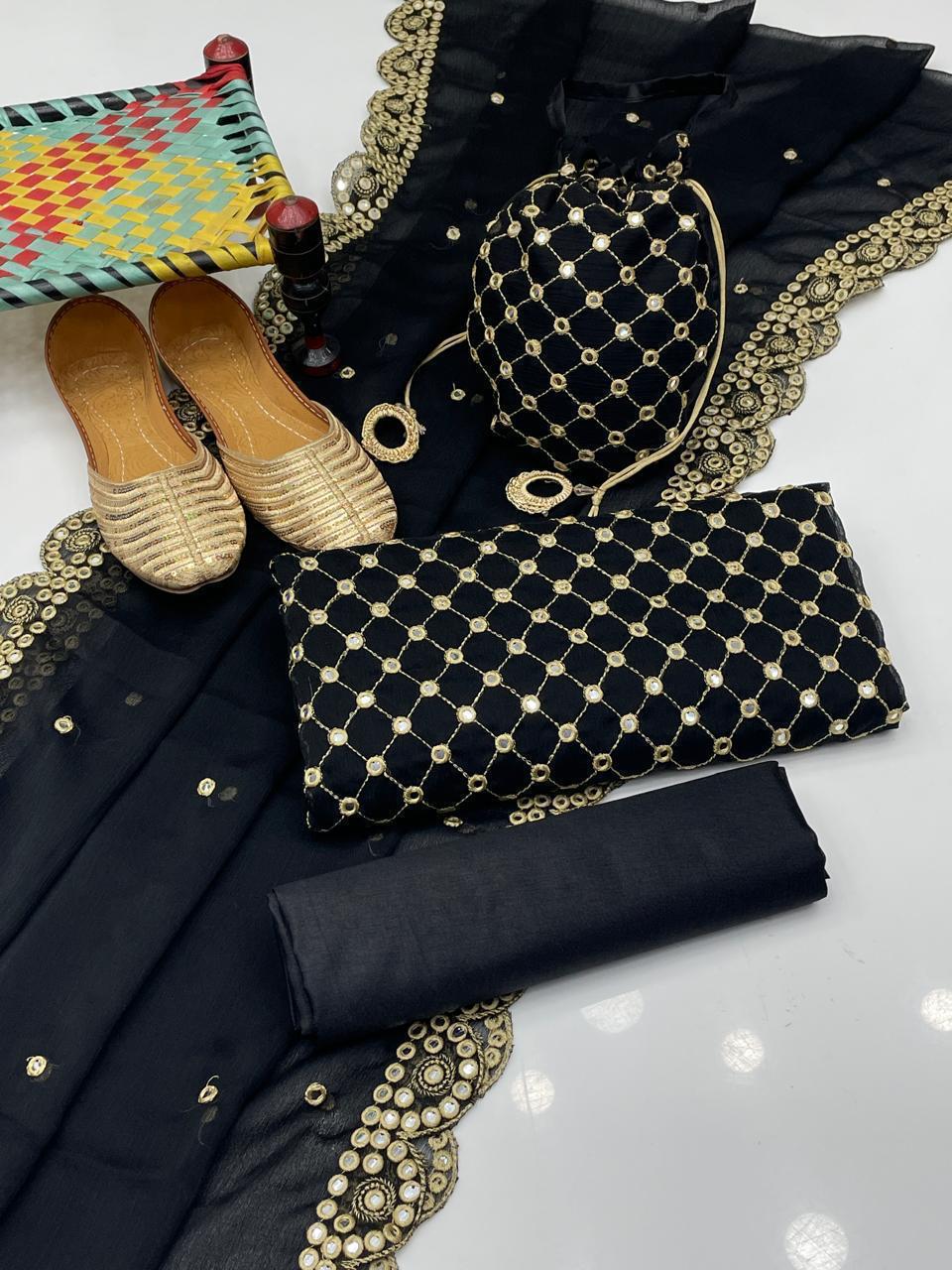 Fancy 5-Piece Crinkle Embroidered Suit – 9mm Sequin Work Shirt, Kataan Silk Shalwar, Shafon Cutwork Dupatta, Matching Khussa & Bag