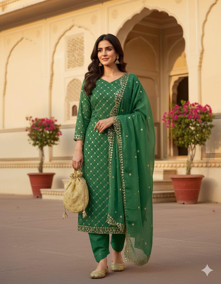 Fancy 5-Piece Crinkle Embroidered Suit – 9mm Sequin Work Shirt, Kataan Silk Shalwar, Shafon Cutwork Dupatta, Matching Khussa & Bag