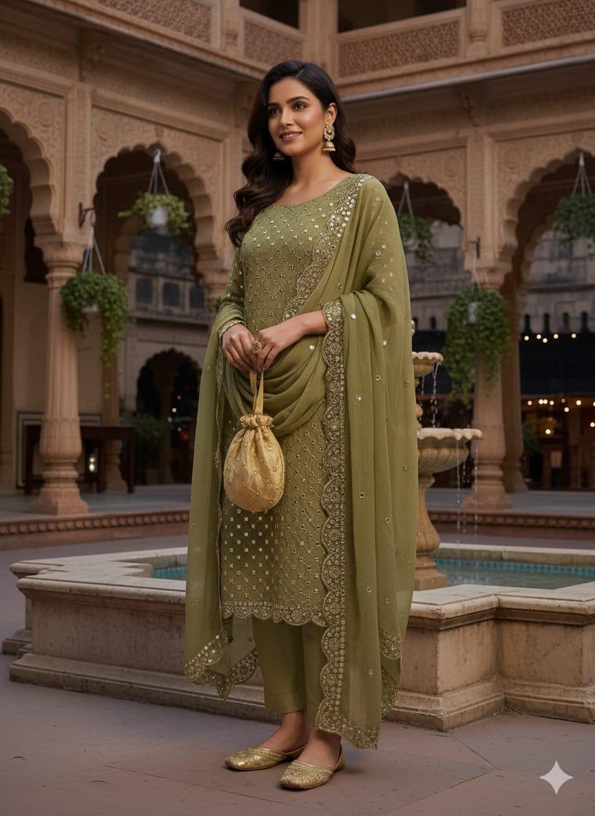 Fancy 5-Piece Crinkle Embroidered Suit – 9mm Sequin Work Shirt, Kataan Silk Shalwar, Shafon Cutwork Dupatta, Matching Khussa & Bag