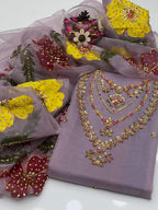 Elegant 3PC Organza Handwork Dress with Zari & Beads Detailing