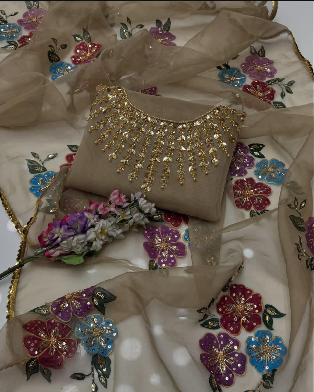 3PC Fancy Organza Dress – Handwork Beads, Stones & Zaari