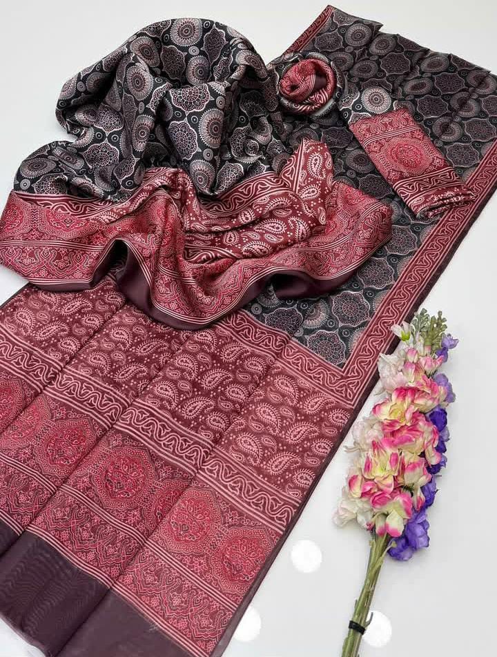 3-Pcs Soft Silk Dress-Printed Ajrak Collection