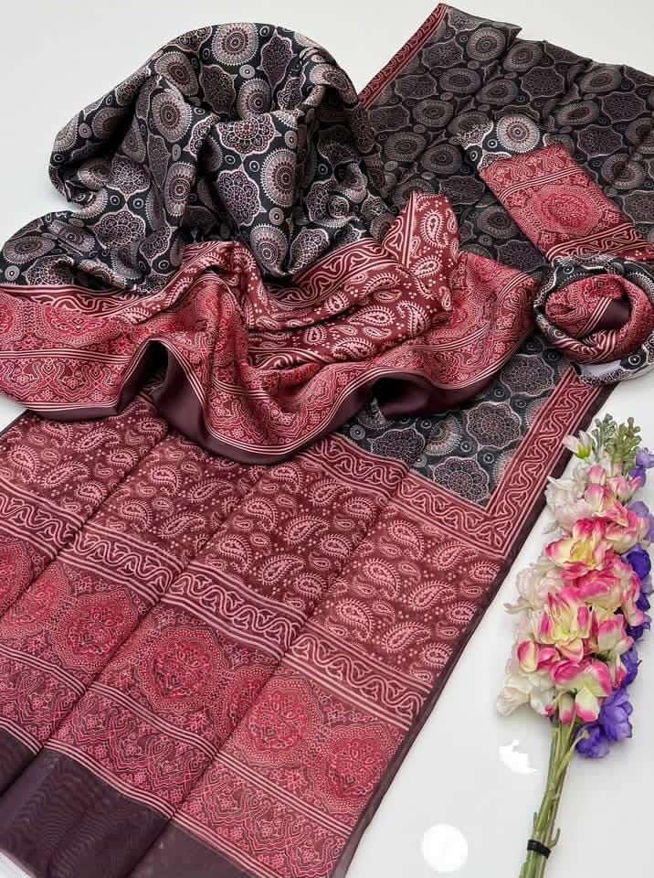 3-Pcs Soft Silk Dress-Printed Ajrak Collection
