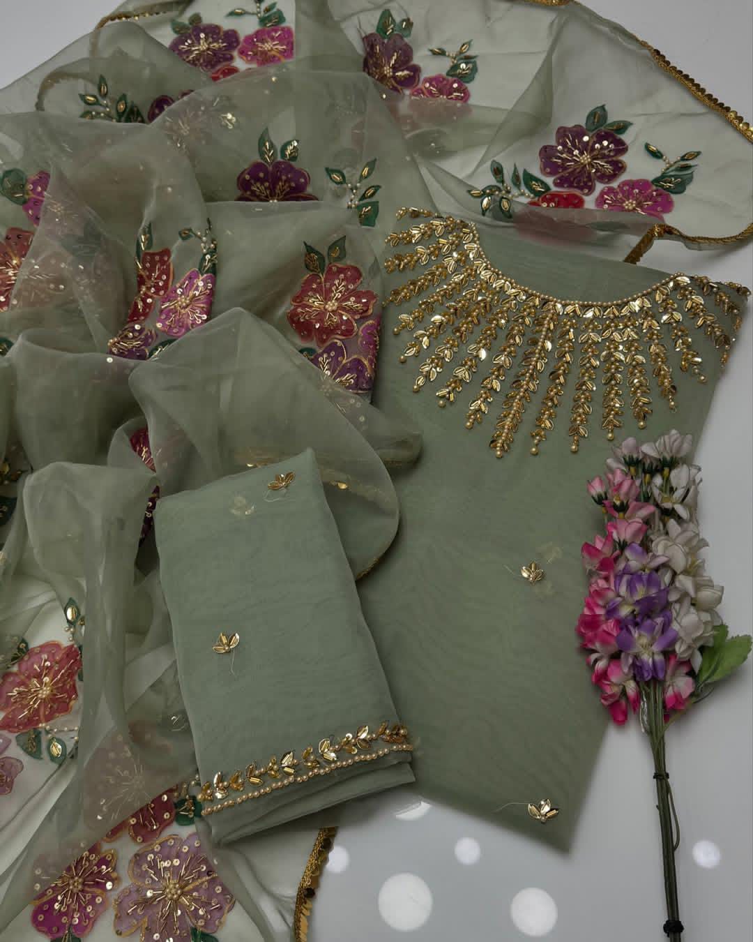 3PC Fancy Organza Dress – Handwork Beads, Stones & Zaari