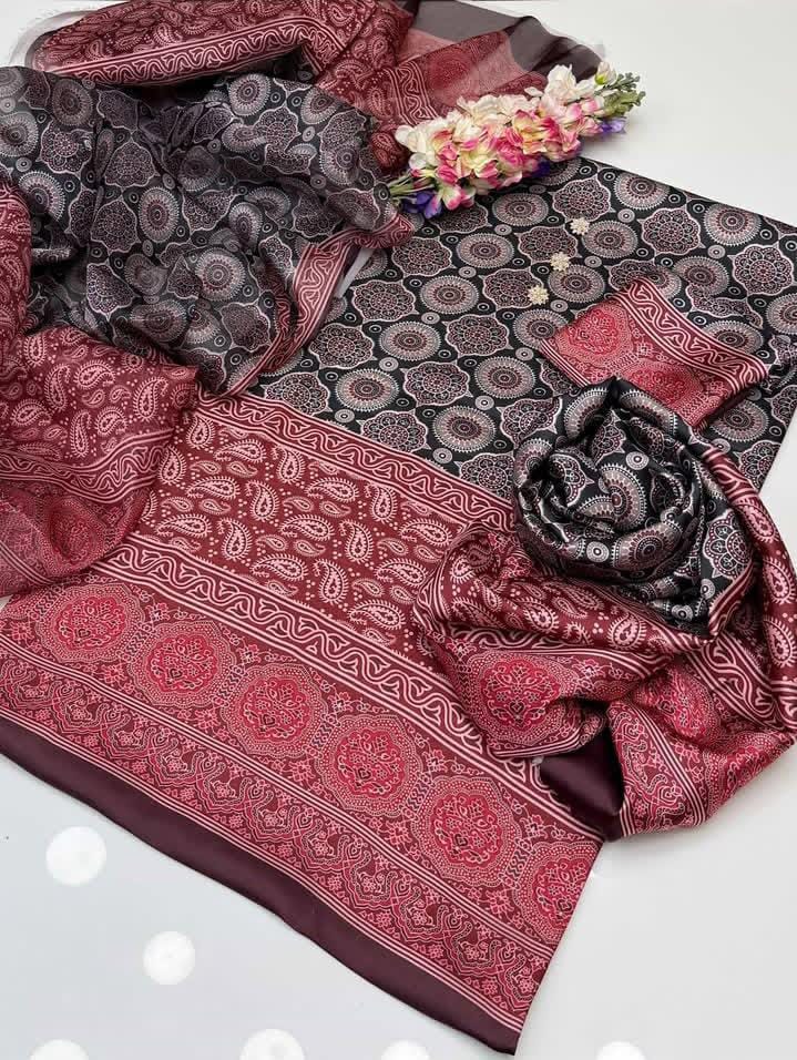 3-Pcs Soft Silk Dress-Printed Ajrak Collection