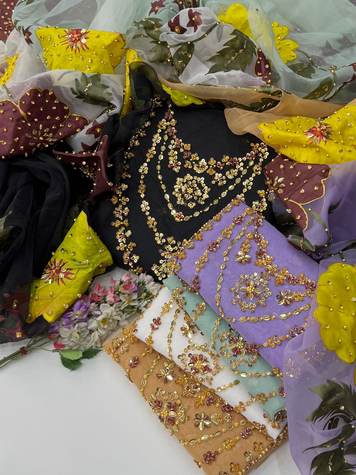 Elegant 3PC Organza Handwork Dress with Zari & Beads Detailing