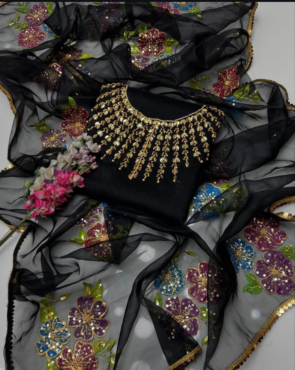 3PC Fancy Organza Dress – Handwork Beads, Stones & Zaari