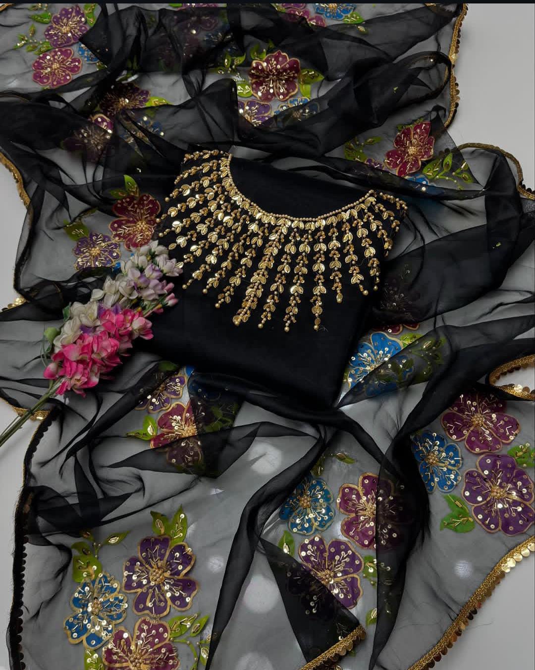 3PC Fancy Organza Dress – Handwork Beads, Stones & Zaari