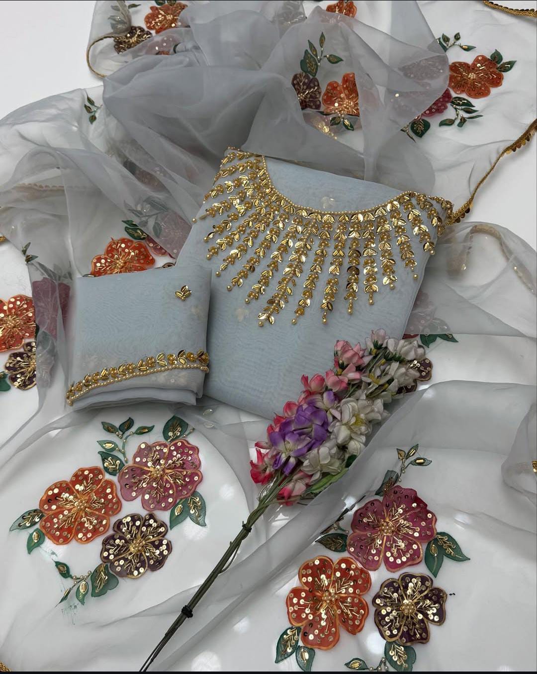 3PC Fancy Organza Dress – Handwork Beads, Stones & Zaari