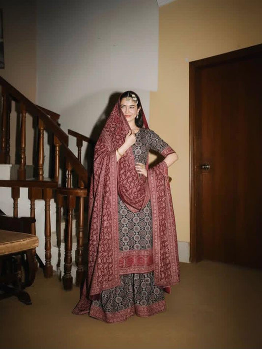 3-Pcs Soft Silk Dress-Printed Ajrak Collection