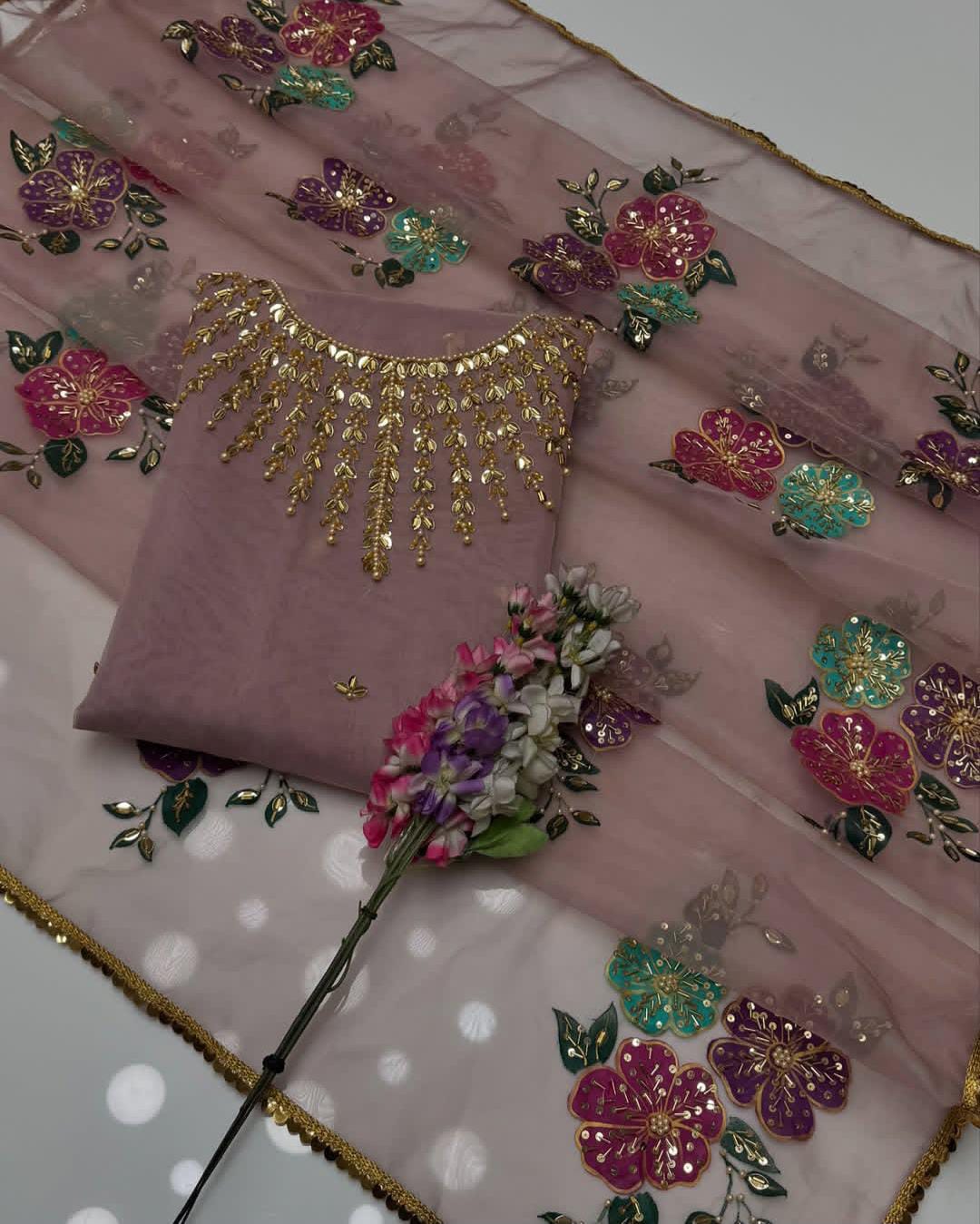 3PC Fancy Organza Dress – Handwork Beads, Stones & Zaari