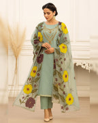 Elegant 3PC Organza Handwork Dress with Zari & Beads Detailing