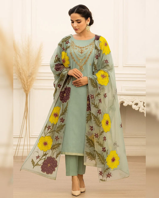 Elegant 3PC Organza Handwork Dress with Zari & Beads Detailing