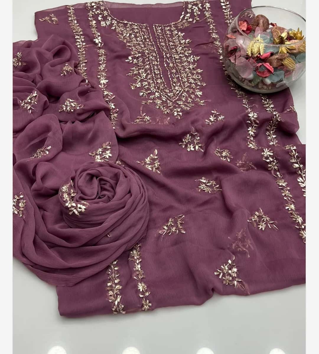 2PC Soft Chiffon Dress – Handmade LCD Gota Work
