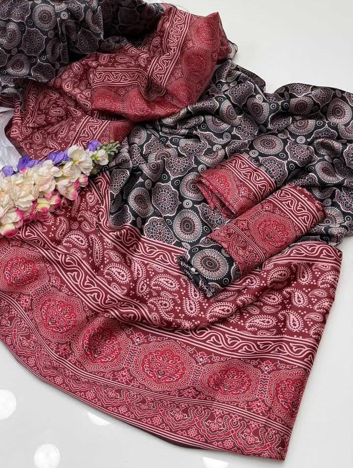 3-Pcs Soft Silk Dress-Printed Ajrak Collection